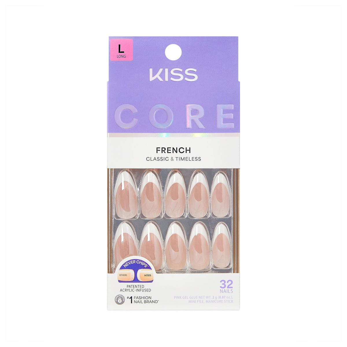 Kiss Core, Press On Nails, Nail glue included, 'Curiosity', White, Medium Size, Almond Shape, Includes 32 Nails, 2g Glue, 1 Manicure Stick, 1 Mini File