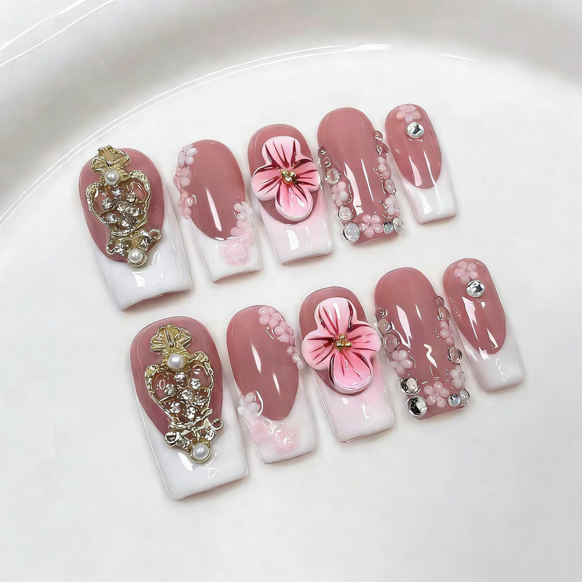 Luxury Handmade Press on Nails Medium Square Fake Nails Blue French False Nails with Ombre 3D Flower Art Design Acrylic Nails Handmade Stick on Nail for Women Manicure 10Pcs (Size M)