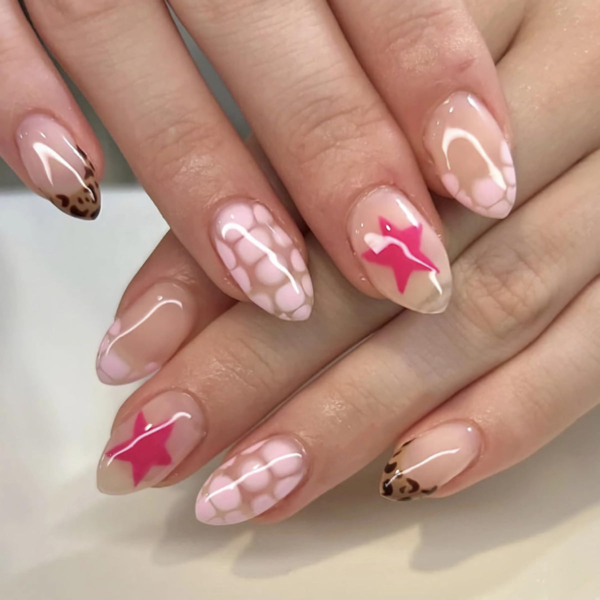 BABALAL Press On Nails - Medium Almond Fake Nails, Pink White Gradient, Rhinestone Gold Bangle, Glossy Coquette Wedding Bridal Glue On Nails 24Pcs