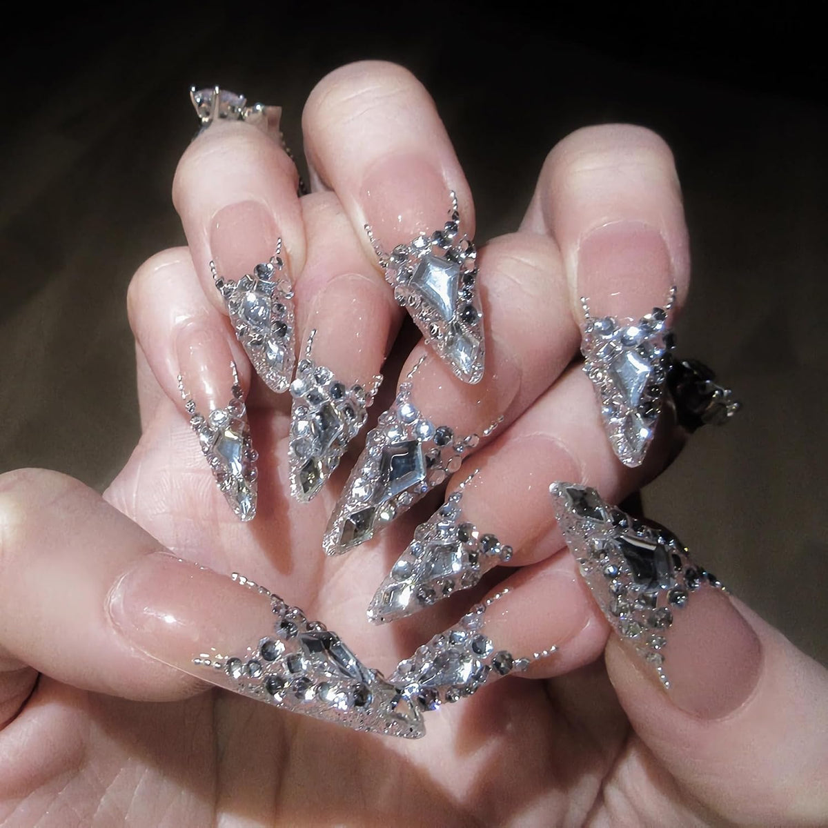 BABALAL Press On Nails, Extra Long Stiletto Fake Nails, Nude Pink, Crystal Rhinestone & Diamond Accents, Glossy Luxury Wedding Party Glue On Nails for Women and Girls 24Pcs
