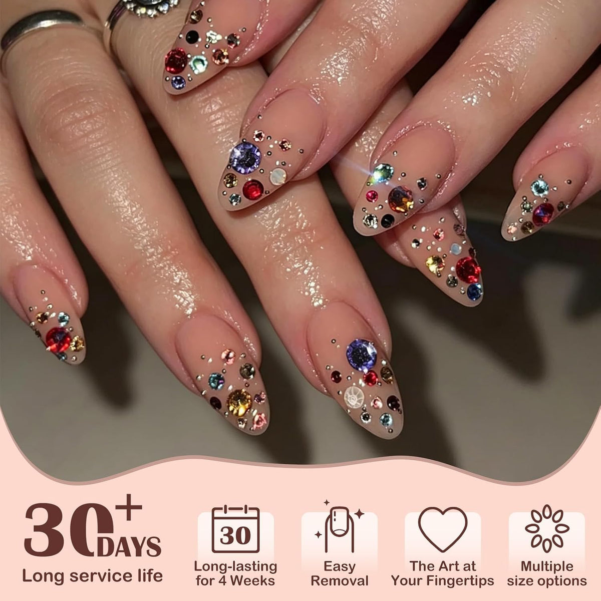 HOSAILY Luxury Press on Nails Medium Almond Rhinestones French Designs Fake Nails, 24PCS Glossy Sparkle Colorful Gems Stick on Nails for Women Party Daily Wear