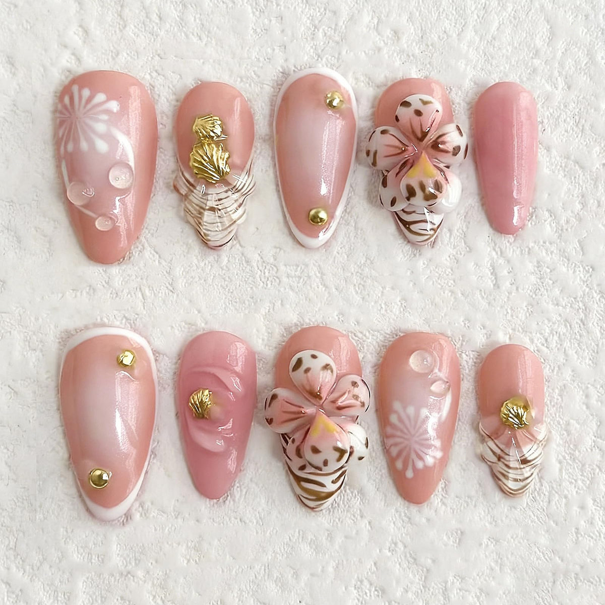 Summer Press on Nails Almond Pink Floral Shell Pearl Gold Dot Fake Women