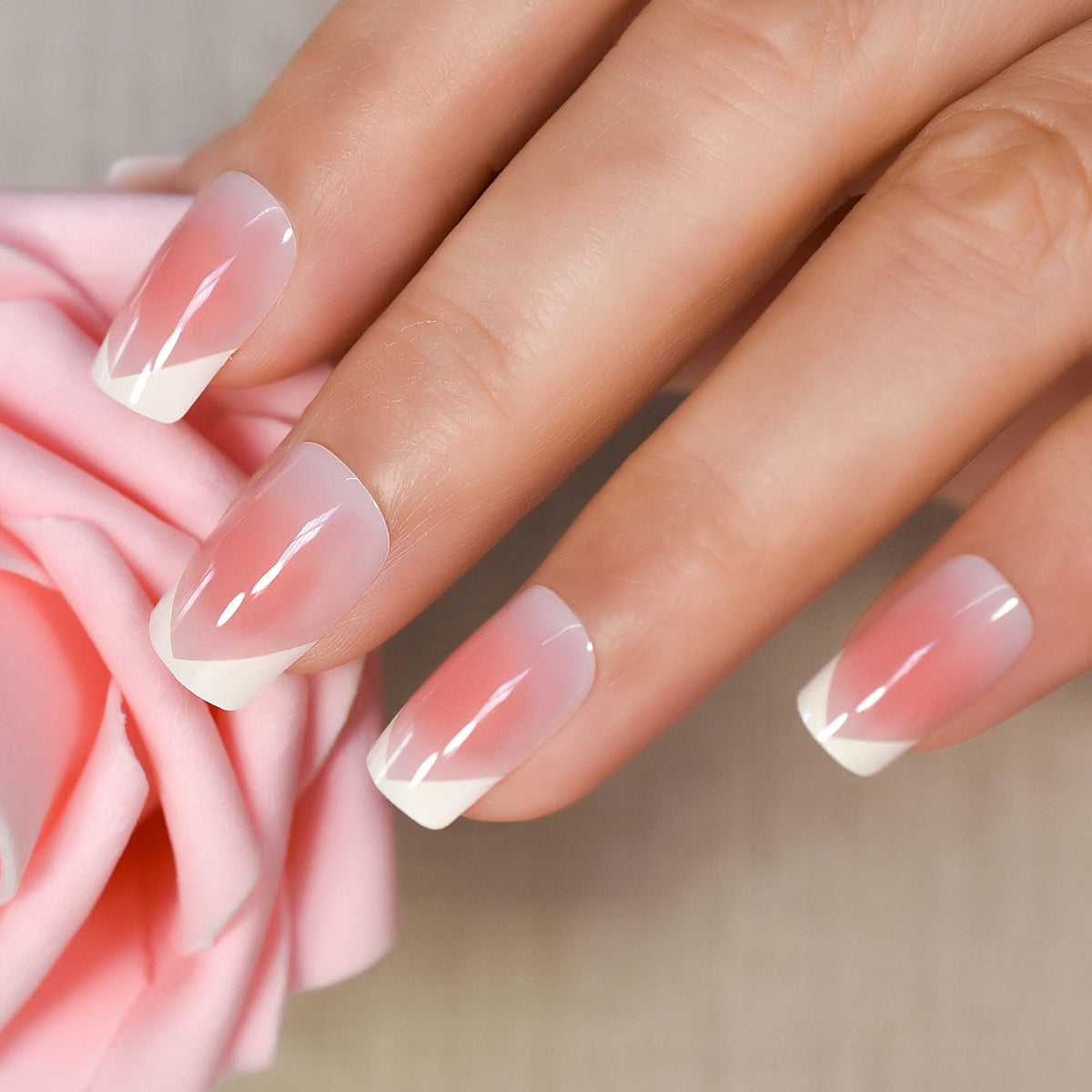 EchiQ Press On Nails Pearl Shine Pink French Nail White Round Fake Nails Short Glossy Satin Artificial Lady Fingernails with Adhesive Tabs