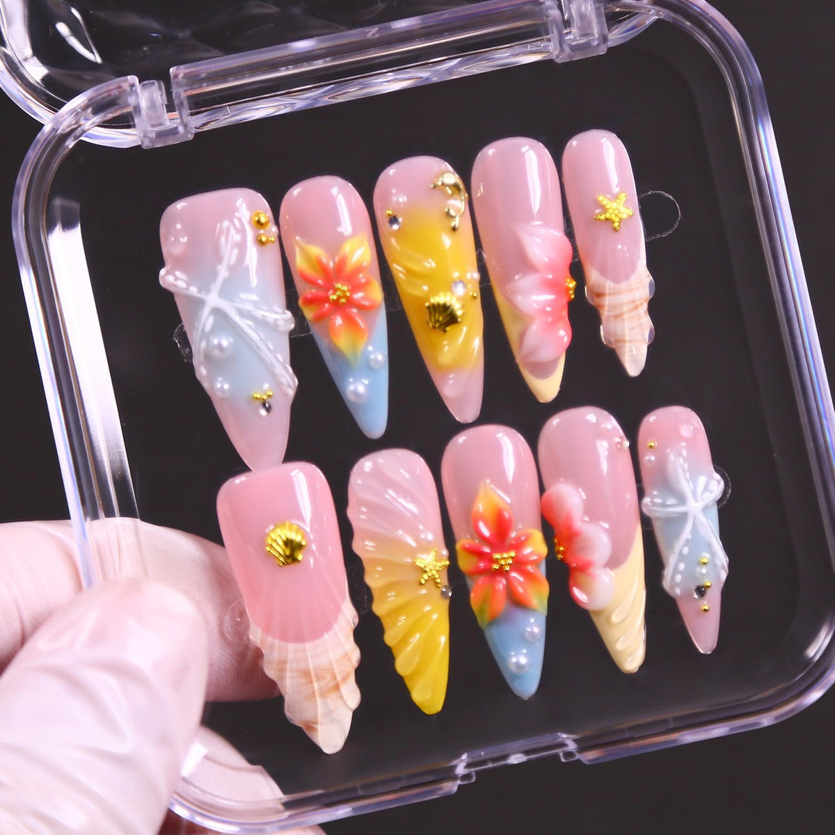 Press on Nails, Handmade Medium Almond Fake Nails, 3D Art False Fingernails with Design Full Cover Fake Nail, Glossy Acrylic Stick on Nails Artificial Nails for Women Manicure 10 Pcs (L)