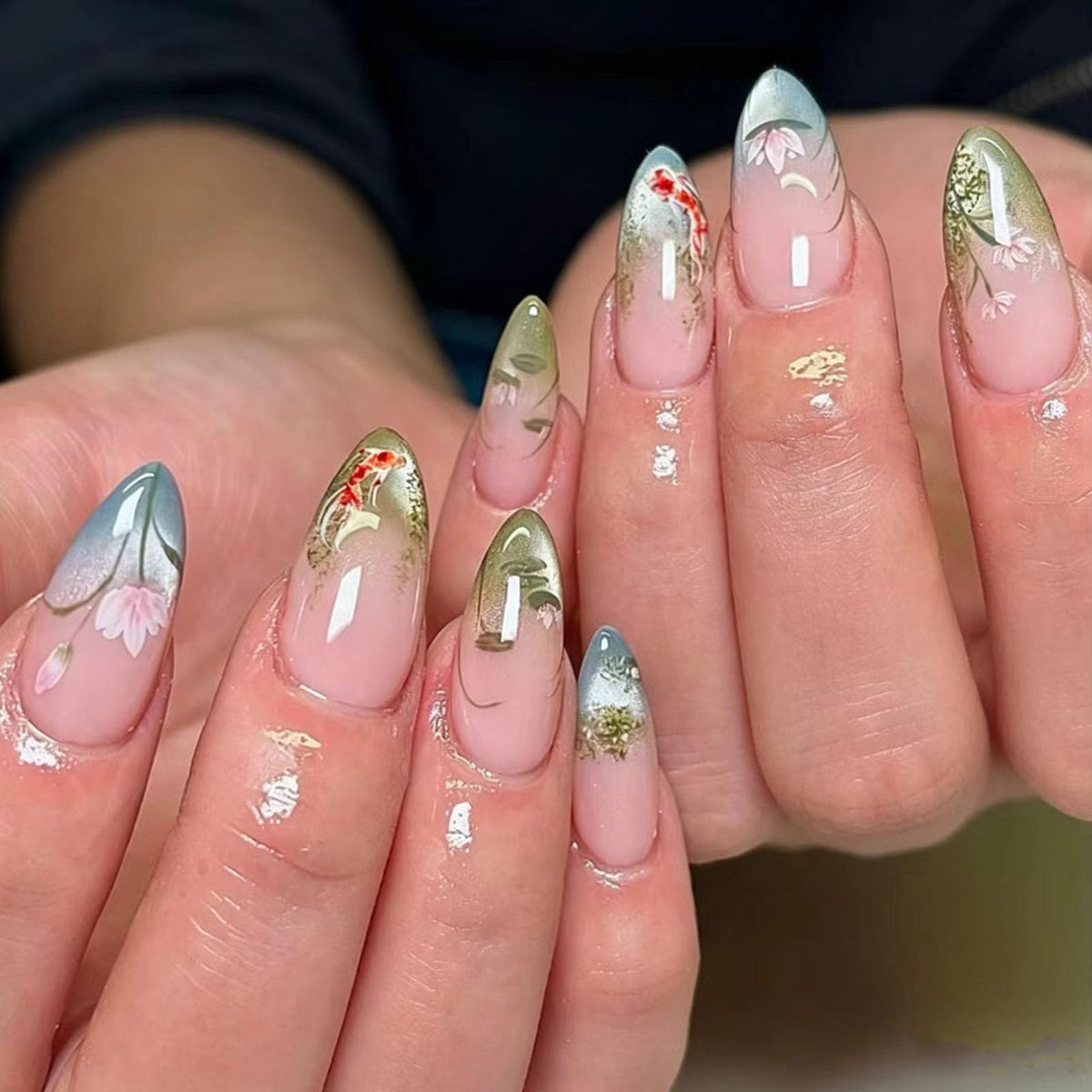 White French Tip Press on Nails Almond Medium Fake Nails with Silver Glitter Designs Nails Press ons Nude Glue on Nails Glossy Acrylic Nails Simple Stick on Nails for Women 24Pcs