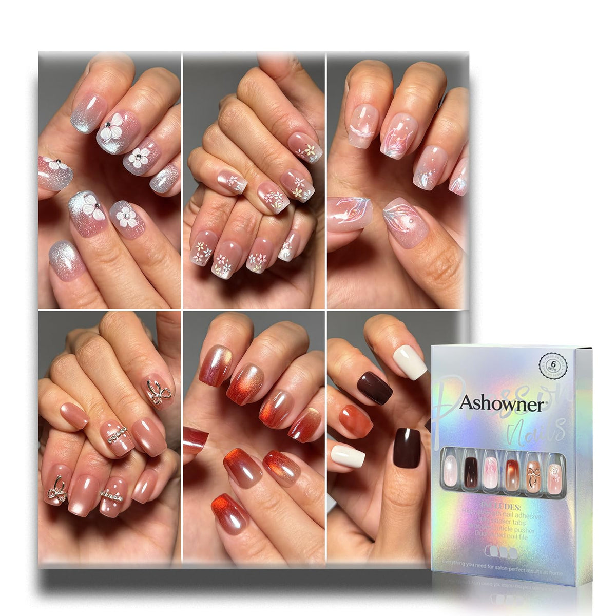 Press on Nails, 6 Packs (144 Pcs) Medium Almond Sets, Wedding French
