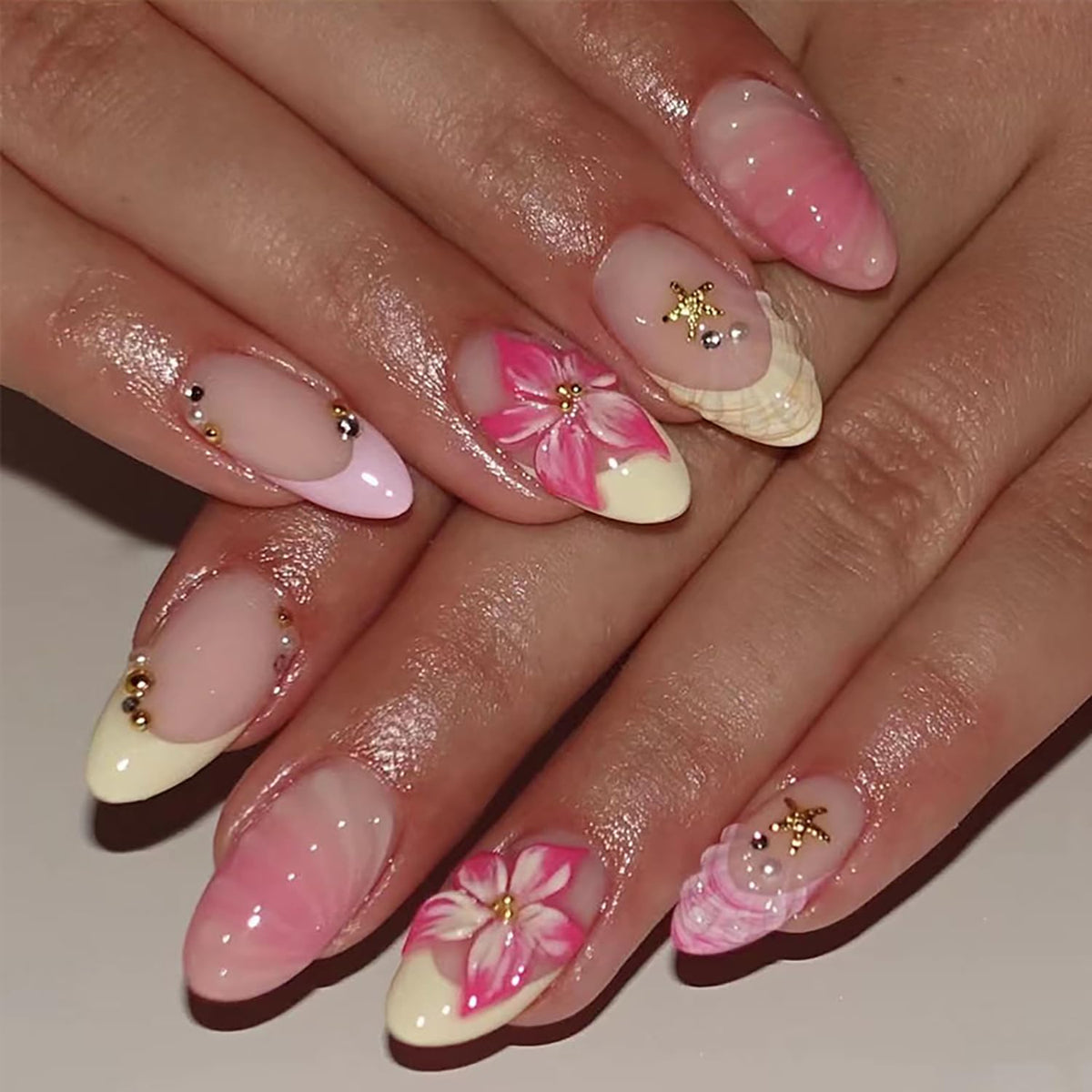 Almond Press on Nails White Flower with Gold Rhinestone Wedding Fake Nails