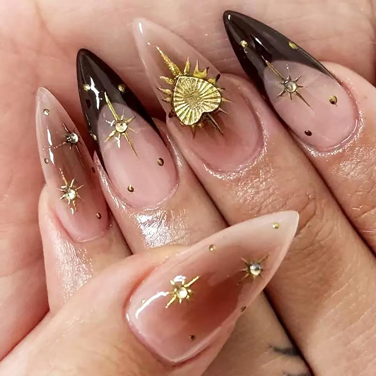 Long Almond Glitter Press on Nails Nude Pink Fashion Gold Fake Nails Full Cover Sparkling Stick On Nails Glossy Thin Design Glue on Nails for Girl Women False Nails Daily Office Party Wedding 24 Pcs