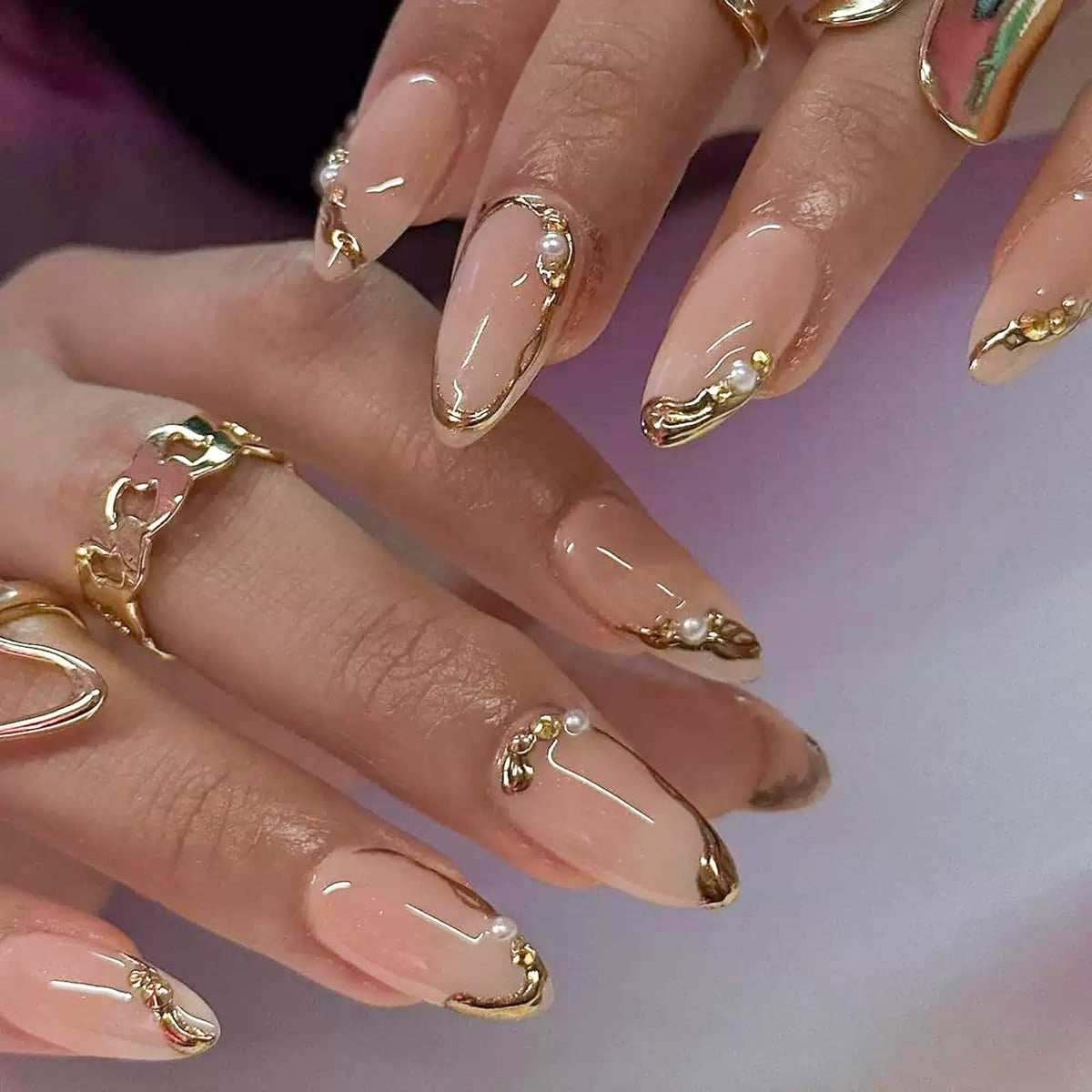 Almond Press on Nails Medium Fake Nails with 5D Metal Lines Charm Design Glossy Pink Nails Press on Curve Glue on Nails Reusable Luxury Silver Beads Acrylic Nail for Women 24Pcs