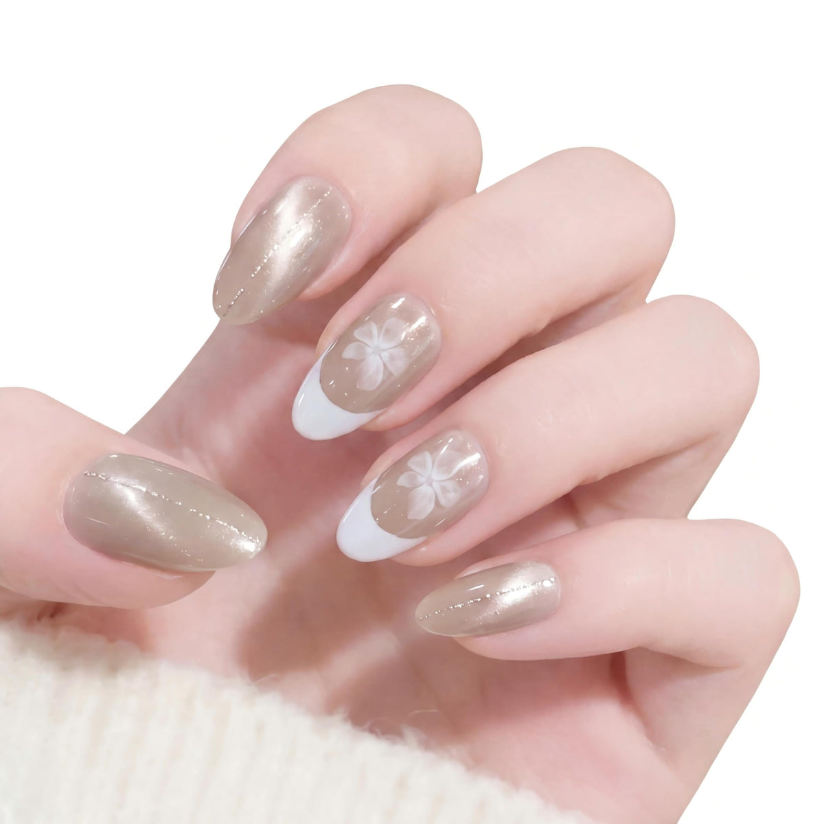 Glossy Nude Gold French Tip Press On Nails Short Almond, 30 PCS