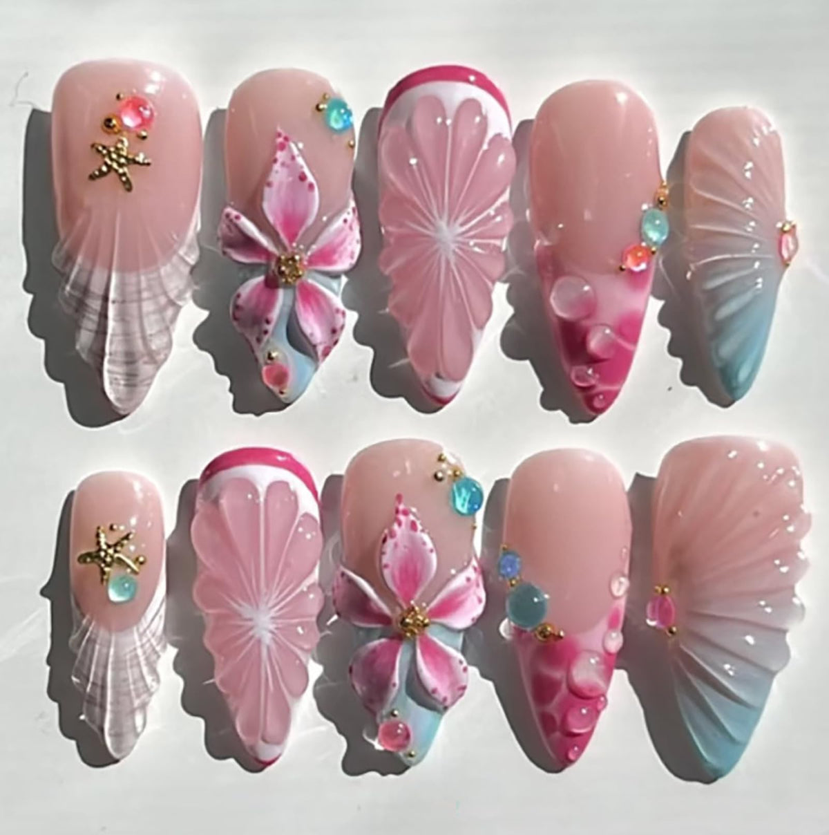 Summer Press on Nails Almond Pink Floral Shell Pearl Gold Dot Fake Women