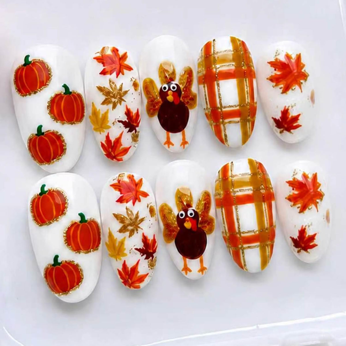 Almond Press on Nails White Flower with Gold Rhinestone Wedding Fake Nails