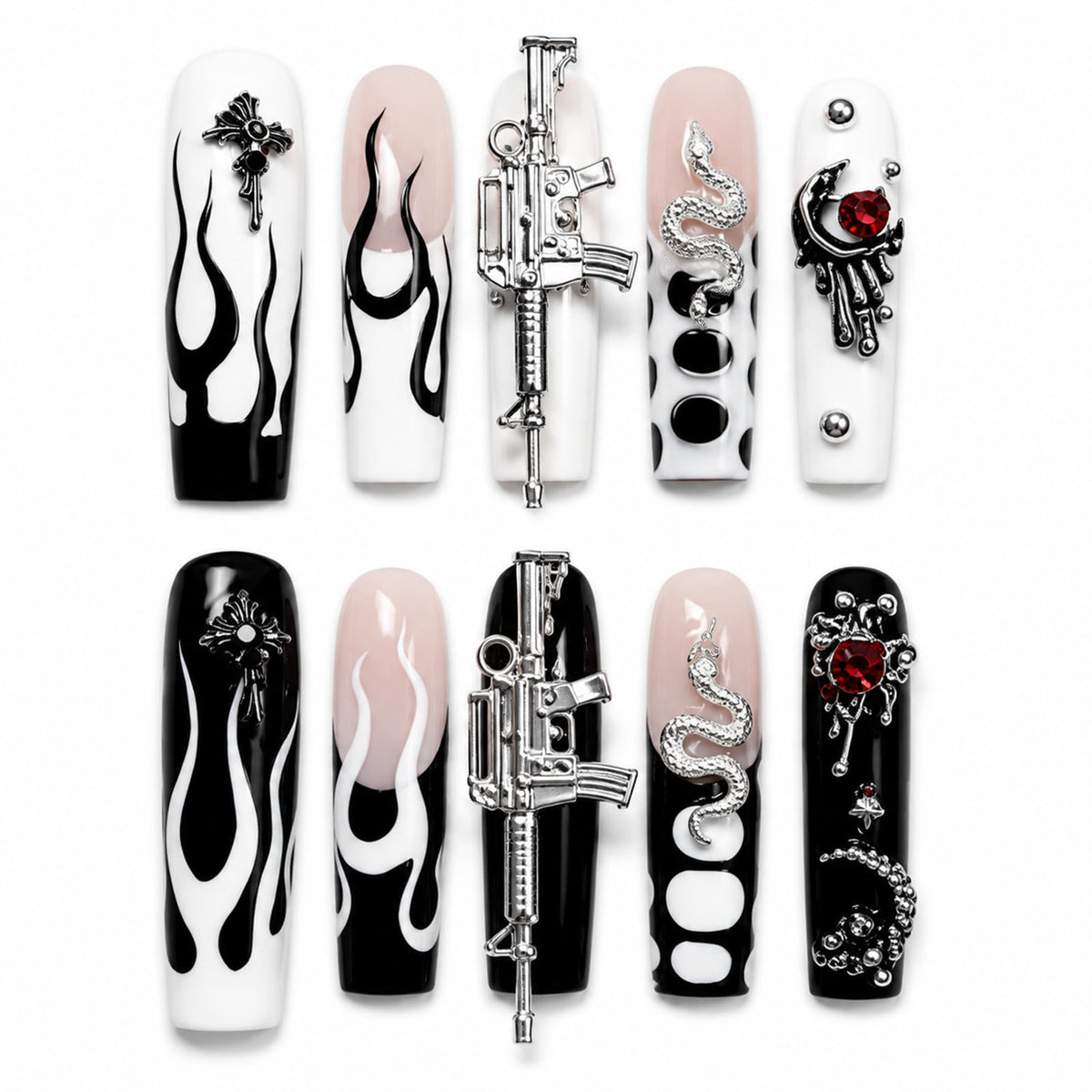 Long Square Handmade Press on Nails - White French Tip Acrylic Fake Nails with Crystals Gems, Elegant Bridal Reusable False Nails for Wedding Manicure 10 Pack (Size M)