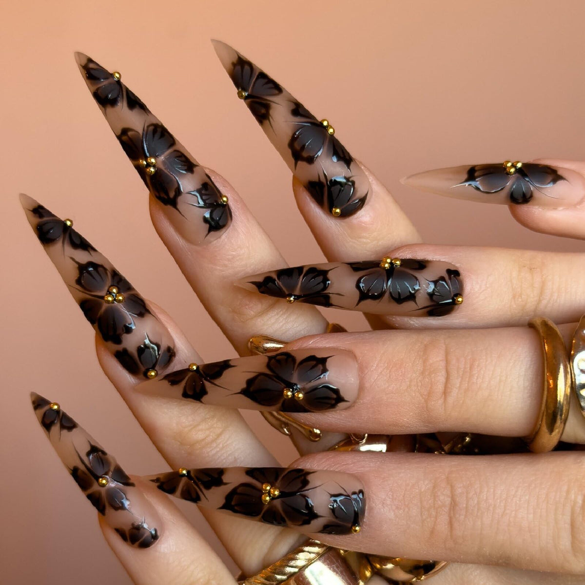 3D Gold Press on Nails Long Stiletto Fake Nails Glossy Nude Blue Full Cover
