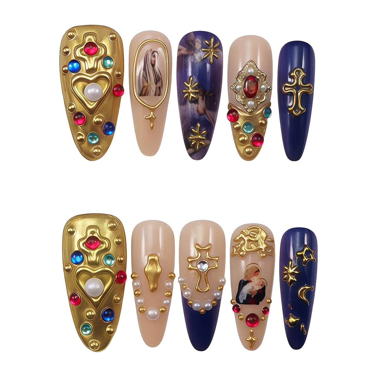 10pcs 3D Metallic Press on Nails Long Almond Handmade, Luxury Ornate Textured False Nails with Gold Silver Chrome Designs, Punk Style Studded Glue on Nails for Women, Gothic Avant-Garde Acrylic Nails