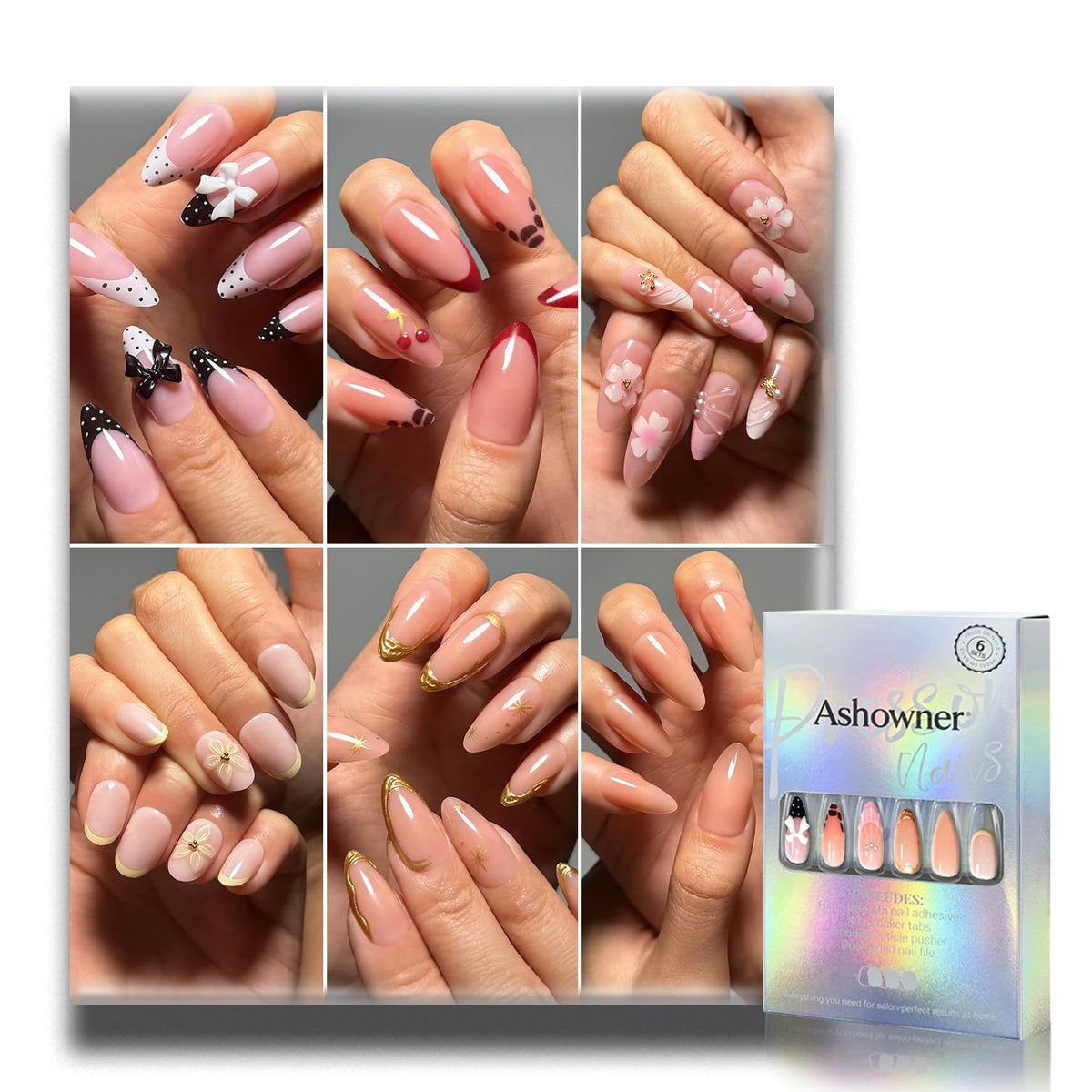 Press on Nails, 6 Packs (144 Pcs) Medium Almond Sets, Wedding French