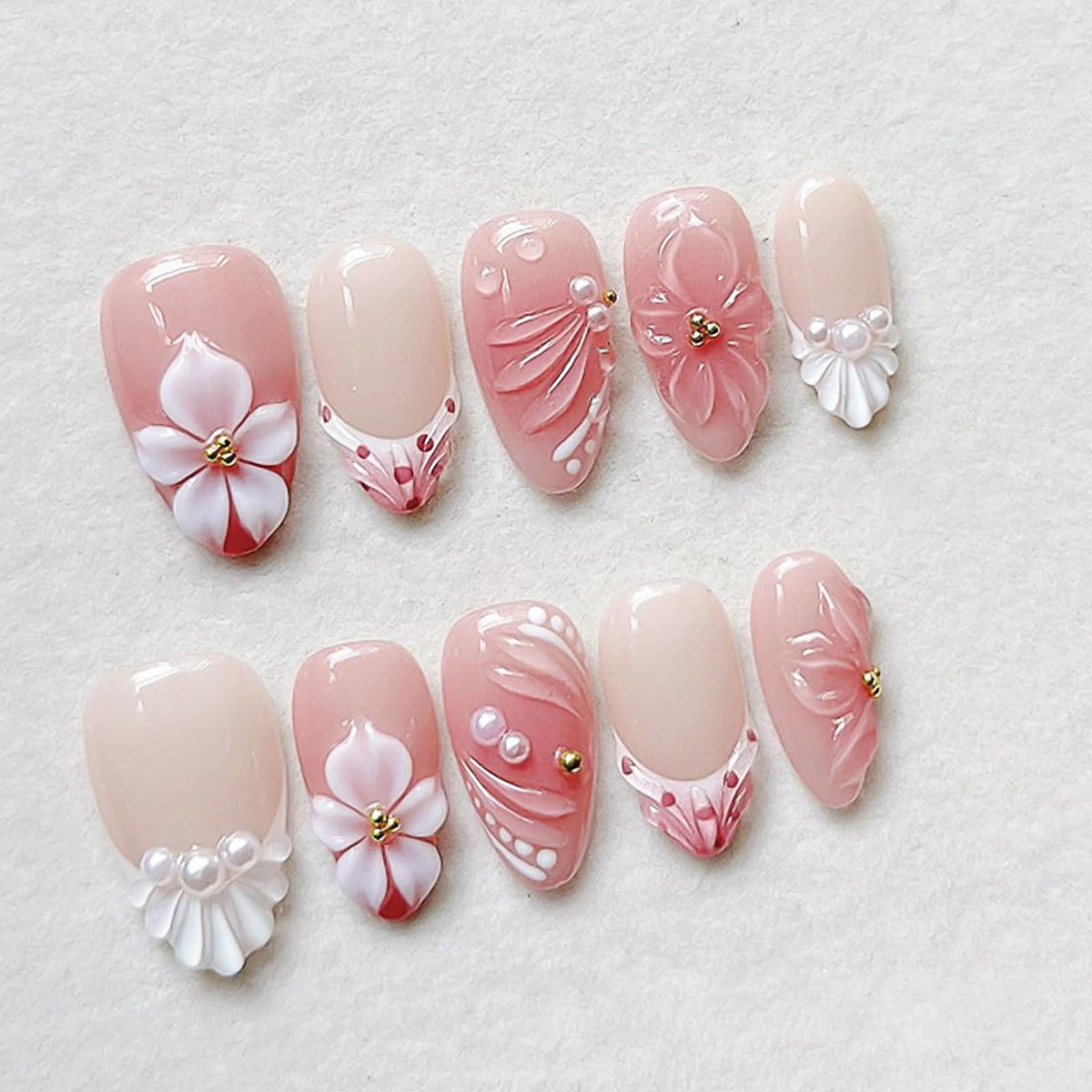 Press on Nails Medium Almond - 3D Red Hibiscus Flower Olive Green Fake Nails, Jade Agate Retro Stick on False Nails for Women & Girls, 30 Pcs