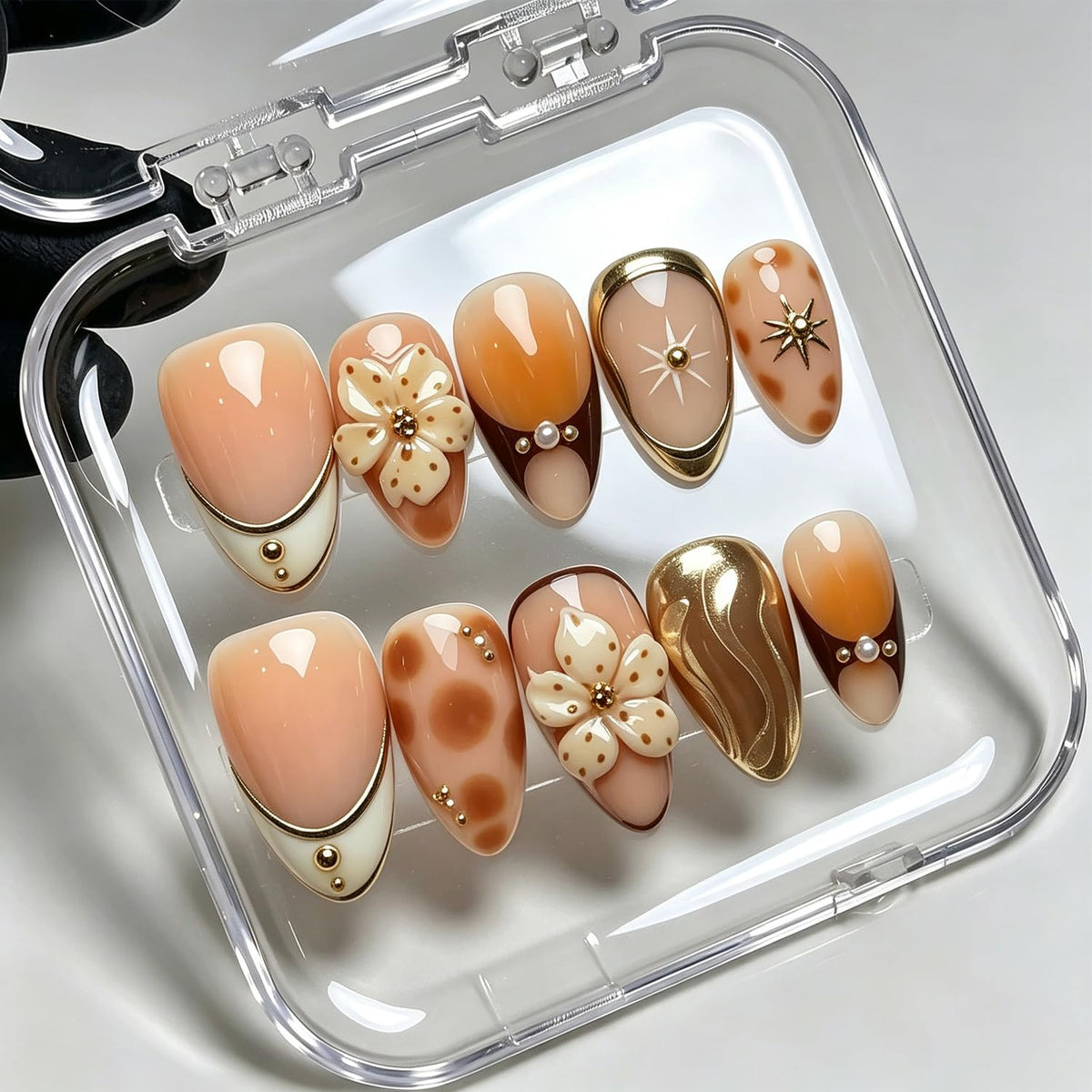 Handmade Press on Nails Gold Beads Almond Fake Nails 10Pcs(Size M)