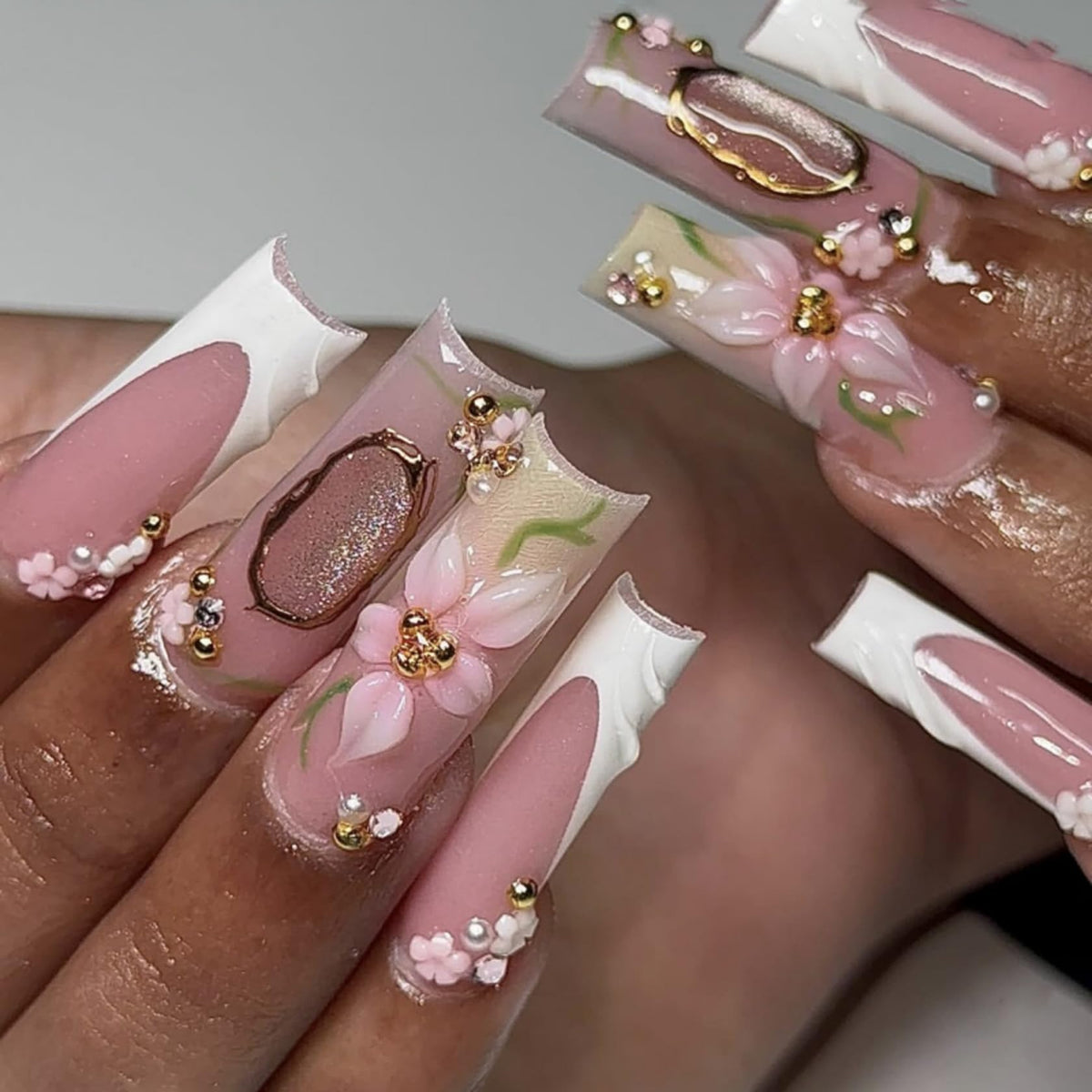 Long Square Press on Nails Bling Gold Chain & Crystal Nails,Fake Nails Artificial Stick on Nails for Women, Nude Pink Glam Prom Wedding Nails with Diamonds