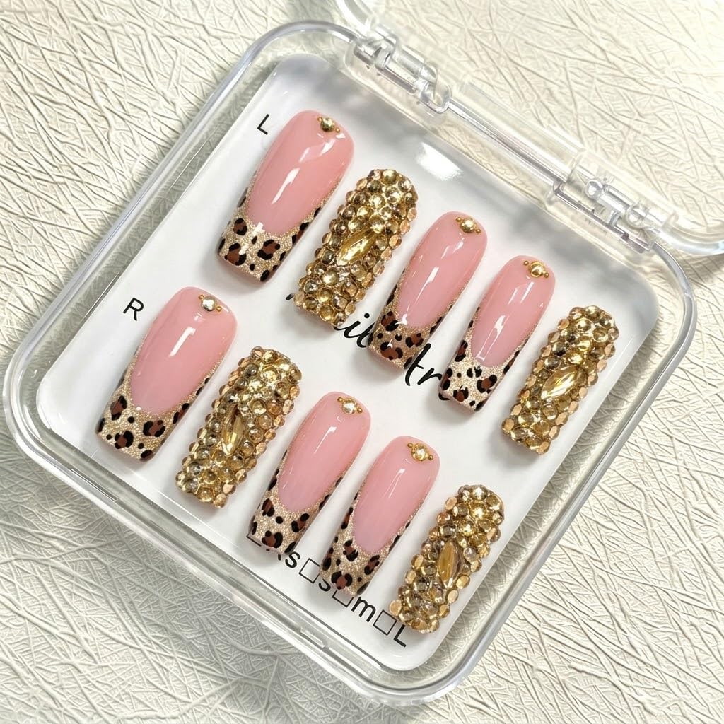 xl Luxury Press on Nails Long Handmade Square Acrylic False Nails French Tip with Bow Rhinestones Designs Fake Stick on Nails for Women Wedding Prom Party Manicure 10Pcs(Size M)