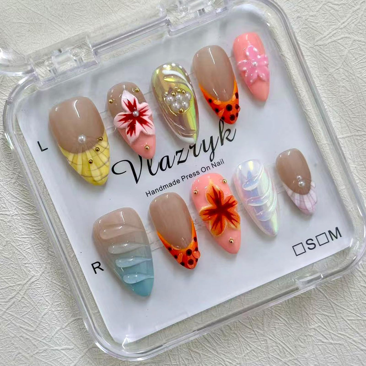 Handmade Press On Nails – Short Almond False Nails for Women, Reusable Acrylic White French Tip with Pearl & 3D Flowers Design – Salon Quality Fake Nails (10PCS Size S)