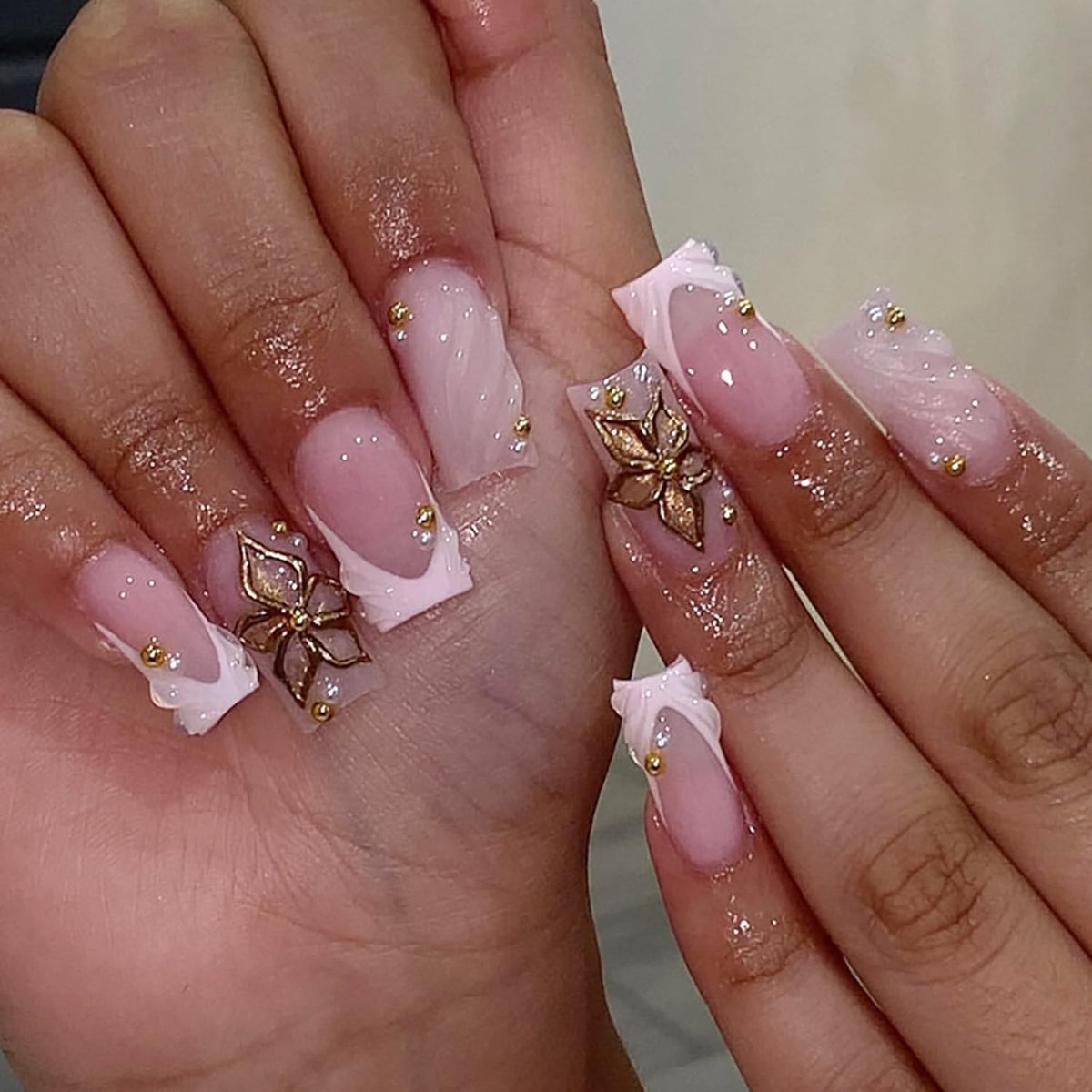 24Pcs White French Tip Press on Nails Medium Almond Fake Nails with Silver Rhinestones with Nude Pink Full Cover Glue on Nails French Designs 3D Flower False Nails Cute Spring Stick on Nails for Women