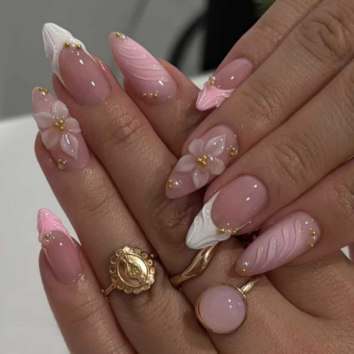 Almond Press on Nails Medium Fake Nails with 5D Metal Lines Charm Design Glossy Pink Nails Press on Curve Glue on Nails Reusable Luxury Silver Beads Acrylic Nail for Women 24Pcs