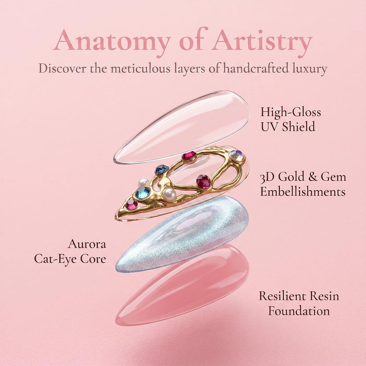 Handmade Press on Nails Long Stiletto - Liquid Gold Abstract Acrylic Fake Nails with Blue Shimmer & Colorful Gems, Luxury Reusable False Nails 10 pcs (Size M)