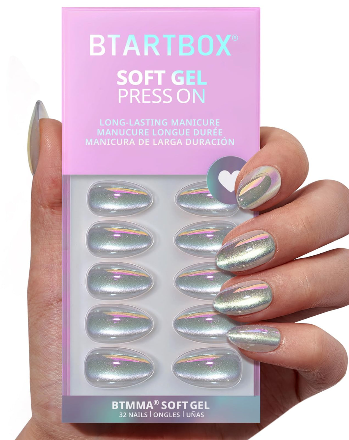 BTArtbox Press On Nails, French Tip Short Square Nails, 32 Pcs Full Kit