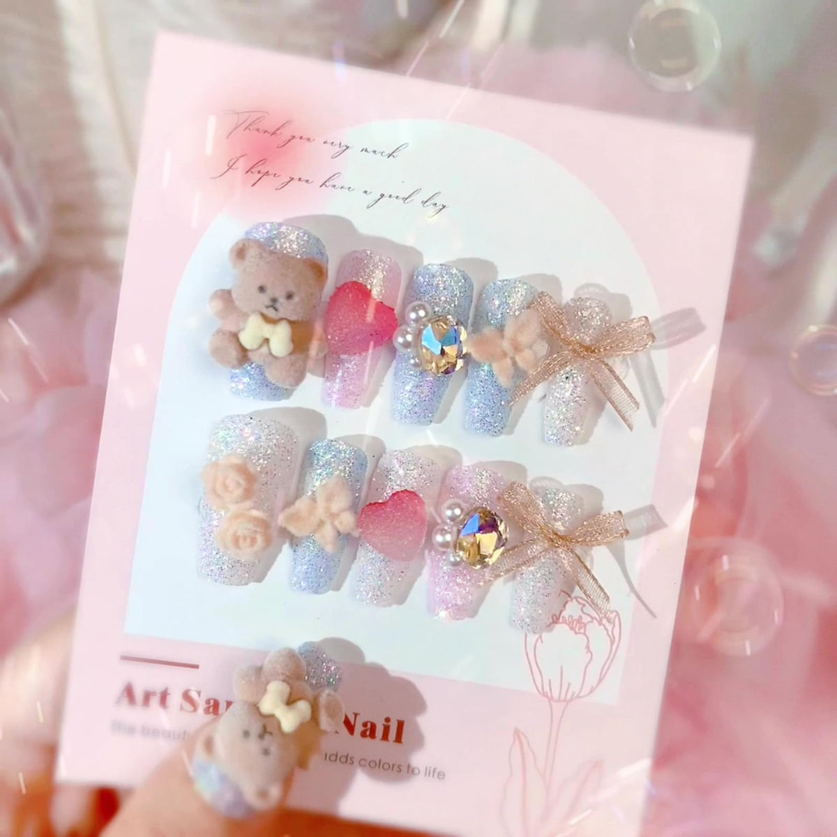 SINHOT Luxury Press on Nails - Long Coffin Fake Nails 3D Handmade Cute Pink Reusable False Nails with Rhinestone Designs,DIY Artificial Nail Art, 24pcs