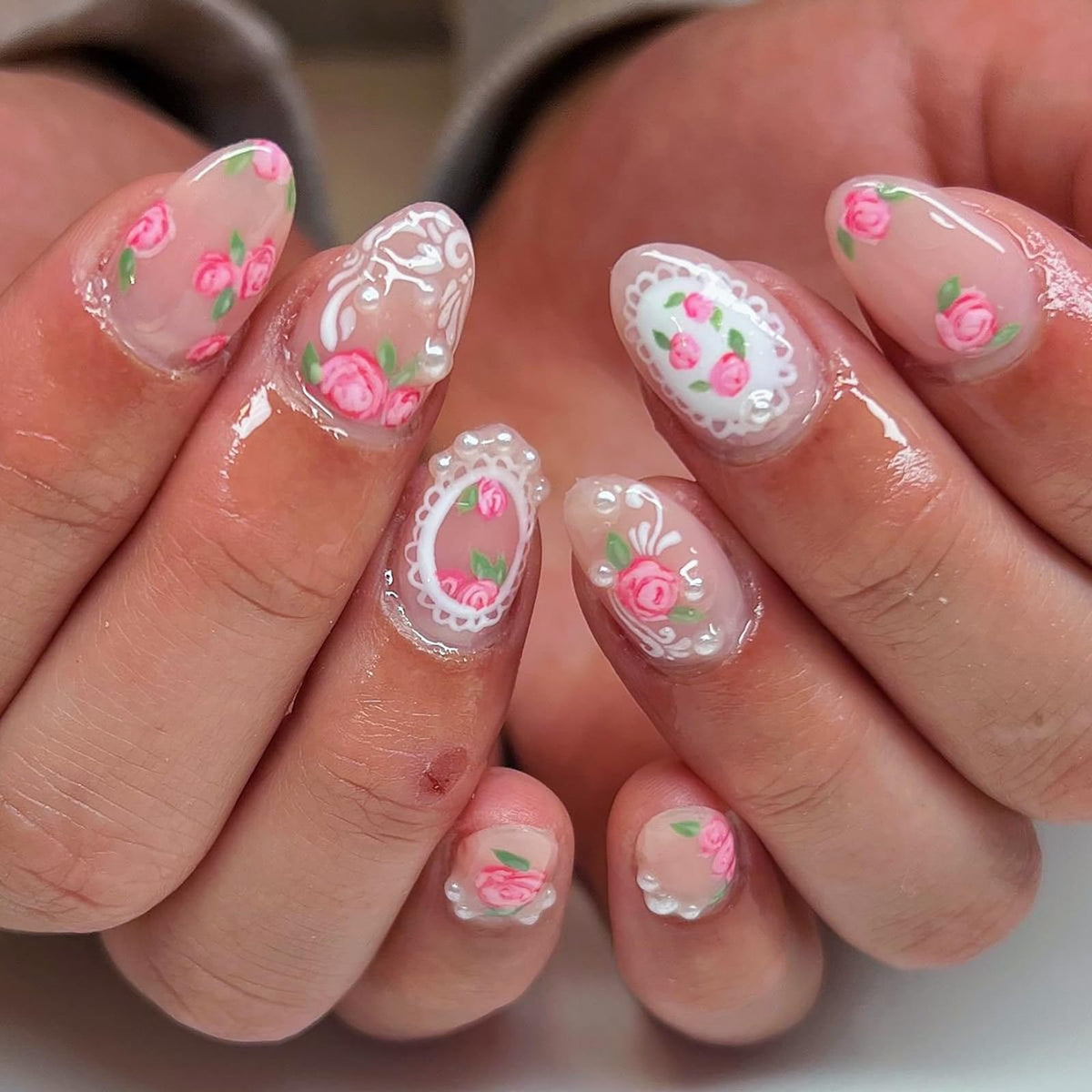 Almond Press on Nails Medium, Handmade White French Tip 3D Nude Fake Nails with Pearl Flower Leaf, Reusable Acrylic Stick On Nails for Women Wedding Bridal Party 24Pcs