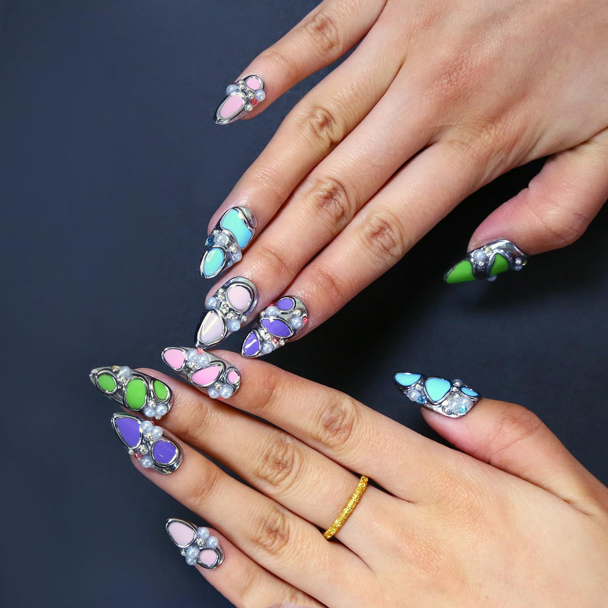 Press on Nails, Handmade Medium Almond Fake Nails, 3D Art False Fingernails with Design Full Cover Fake Nail, Glossy Acrylic Stick on Nails Artificial Nails for Women Manicure 10 Pcs (L)