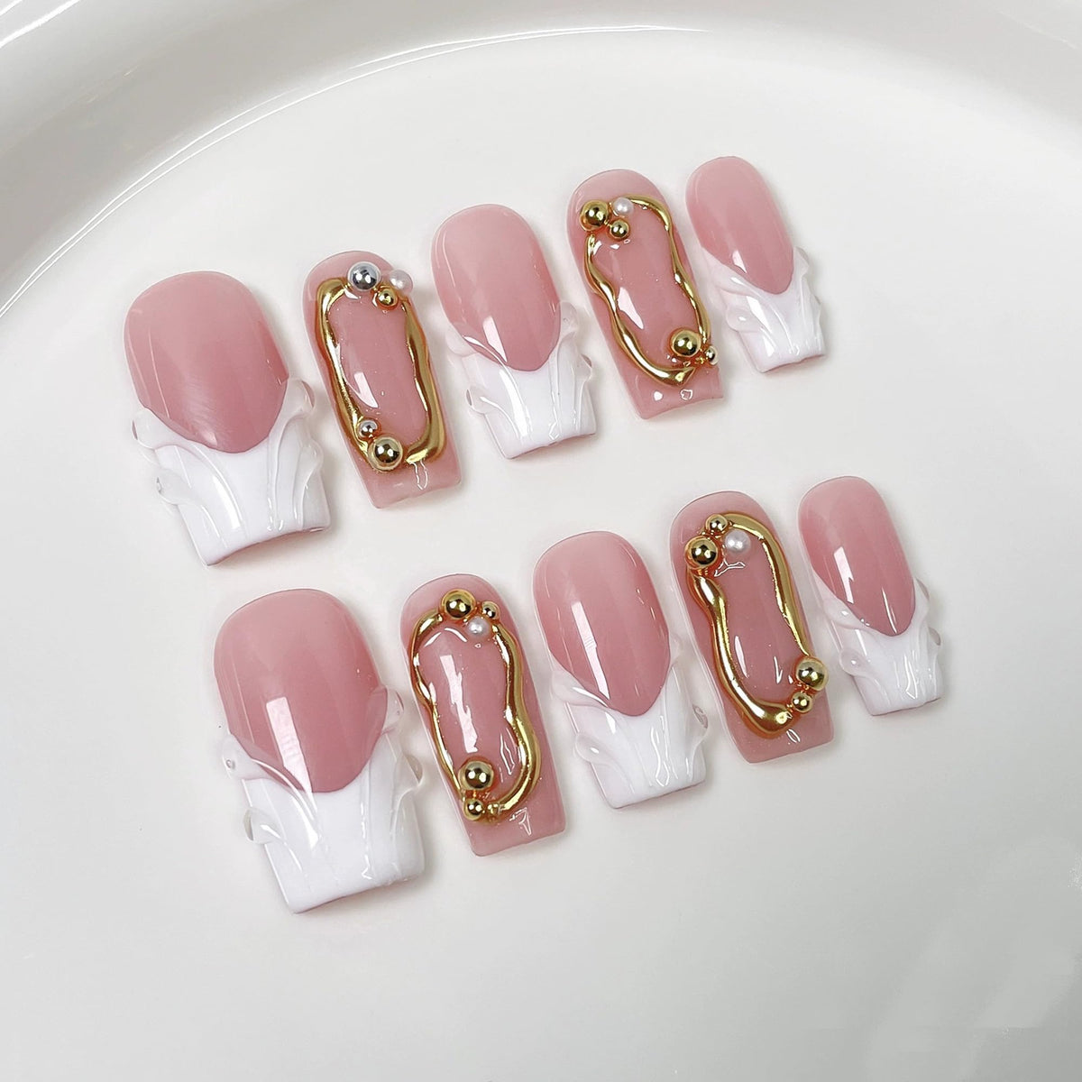 Luxury Handmade Press on Nails Medium Square Fake Nails Blue French False Nails with Ombre 3D Flower Art Design Acrylic Nails Handmade Stick on Nail for Women Manicure 10Pcs (Size M)