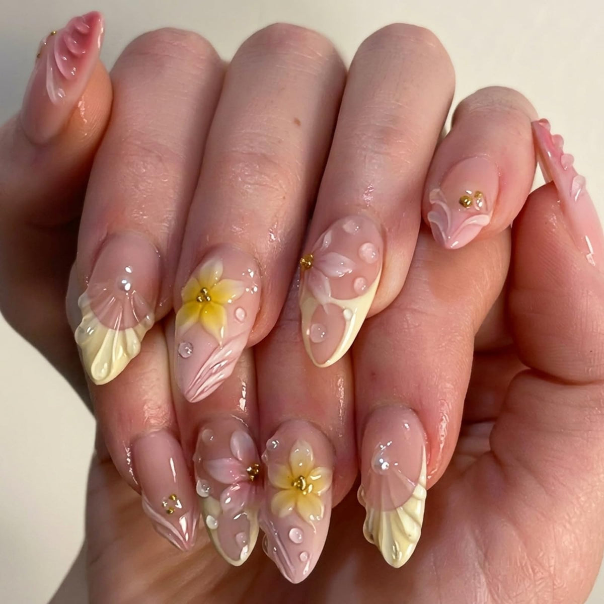 Press on Nails Medium Almond - 3D Red Hibiscus Flower Olive Green Fake Nails, Jade Agate Retro Stick on False Nails for Women & Girls, 30 Pcs