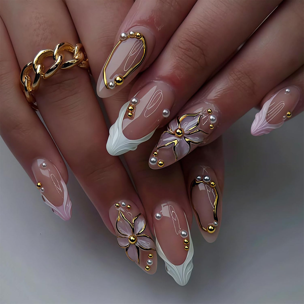 24Pcs Handmade Press on Almond Nails Nude Pink White Gold Flower Fake Nails Pearl False Nails Elegant Summer Nails Glue on Luxurious for Girl Women Stick on Nails Bridal Wedding Formal Events Life