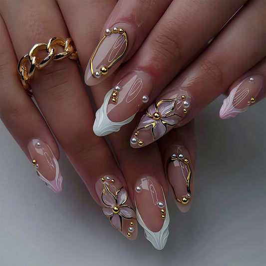 24Pcs Handmade Press on Almond Nails Nude Pink White Gold Flower Fake Nails Pearl False Nails Elegant Summer Nails Glue on Luxurious for Girl Women Stick on Nails Bridal Wedding Formal Events Life