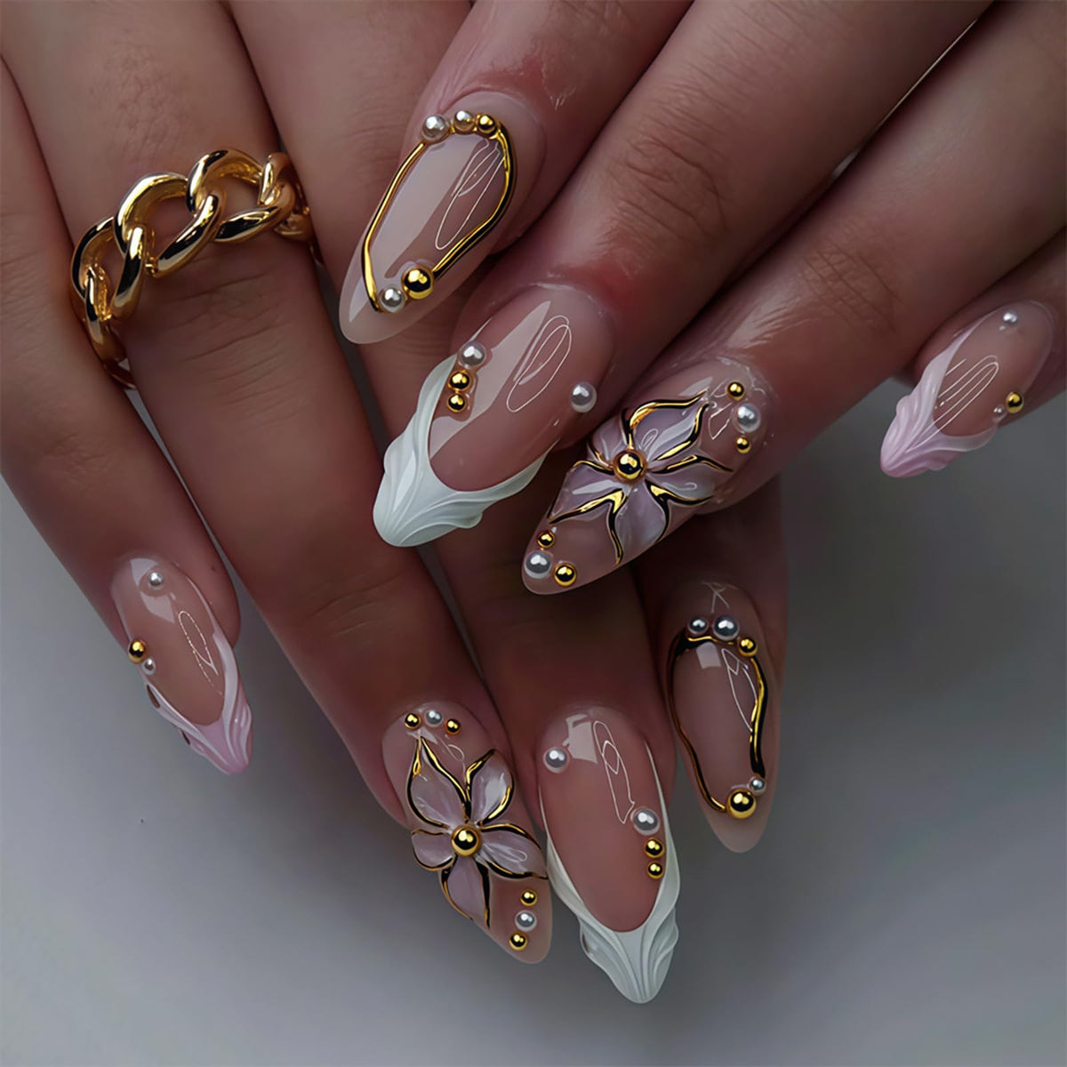 24Pcs Handmade Press on Almond Nails Nude Pink White Gold Flower Fake Nails Pearl False Nails Elegant Summer Nails Glue on Luxurious for Girl Women Stick on Nails Bridal Wedding Formal Events Life