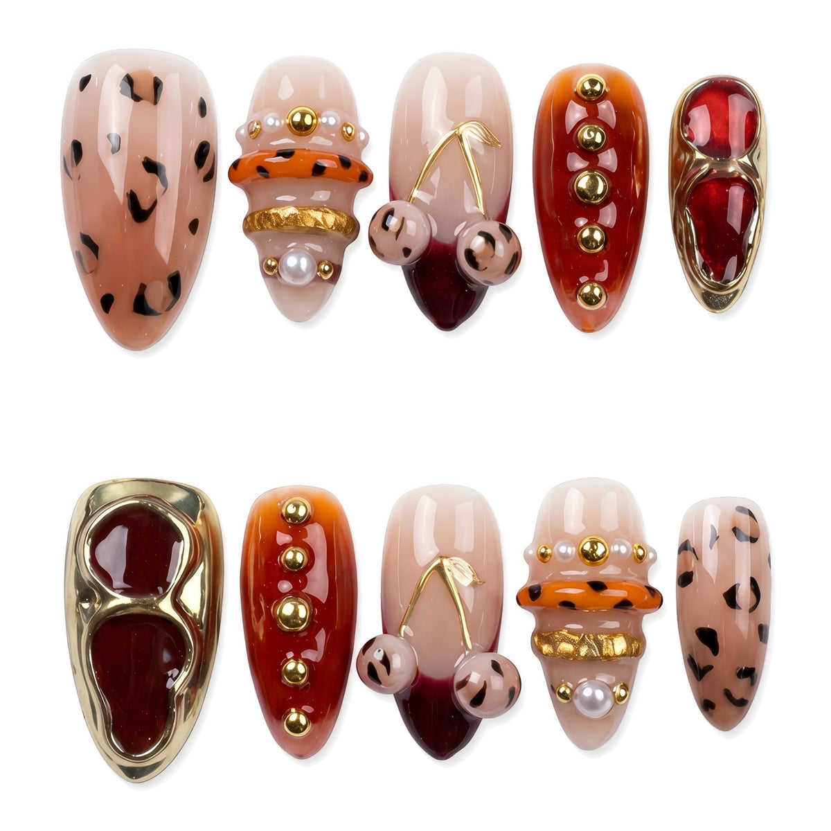 Luxury Handmade Press on Nails Long Stiletto Acrylic Fake Nails with Rhinestone Pearl Designs Glossy Full Cover Reusable Stick on Nails for Women Manicure 10Pcs