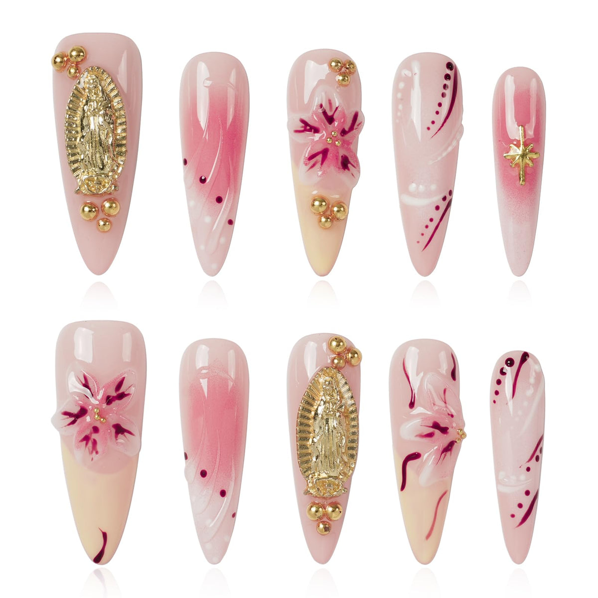 Gothic 3D Floral Press on Nails Medium Almond - Gold Cross & Rhinestone Design, Handmade Pearl Luxury Dark Romantic Reusable Nails (Orange Diamond Sweet Luxury,L)