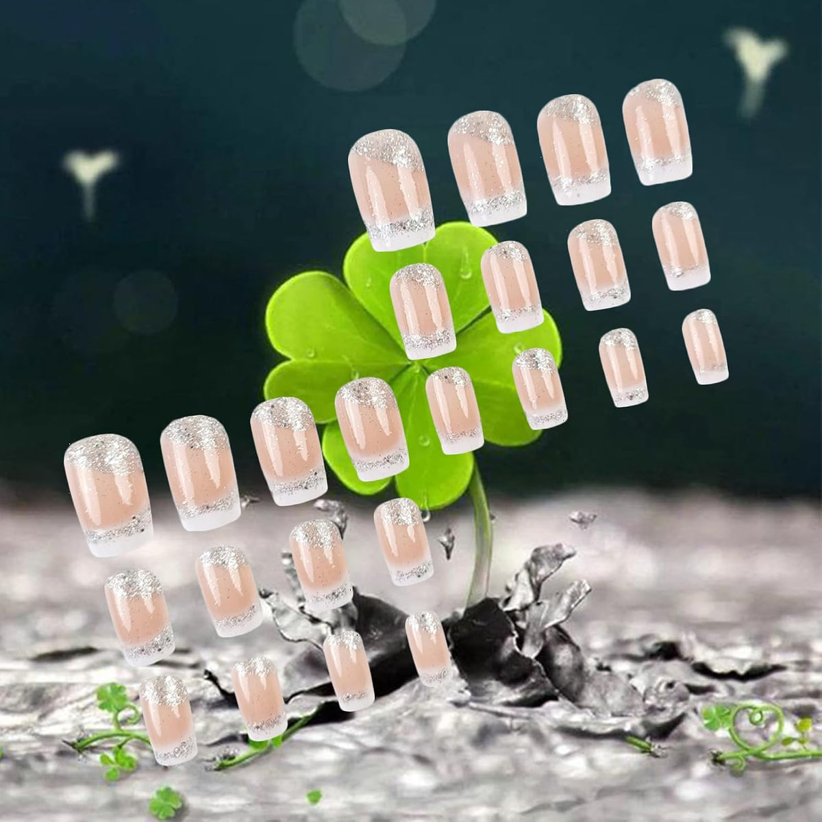 White French Tips Press on Nails 24Pcs Glossy Silver Glitter Acrylic Fake Nails Sparkly False Nail Milky Way Gel Glue on Nail Stars Stick on Medium Square Fingernails for Coquette Women Girls