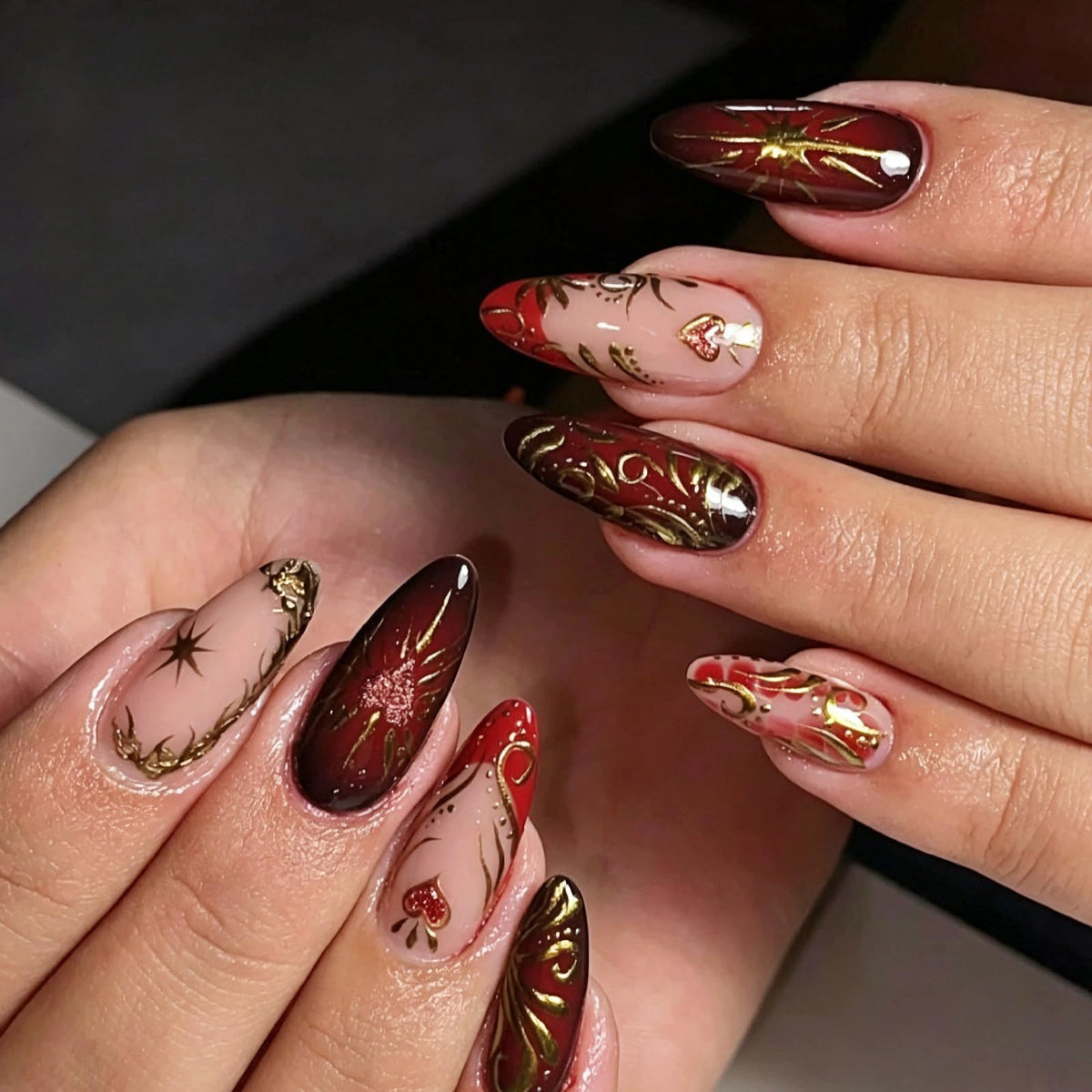 MERVF Medium Almond Press on Nails - White Ombre French Tip Fake Acrylic Nails, Rhinestones Gold Rings Design Wedding Glossy Finish 24pcs