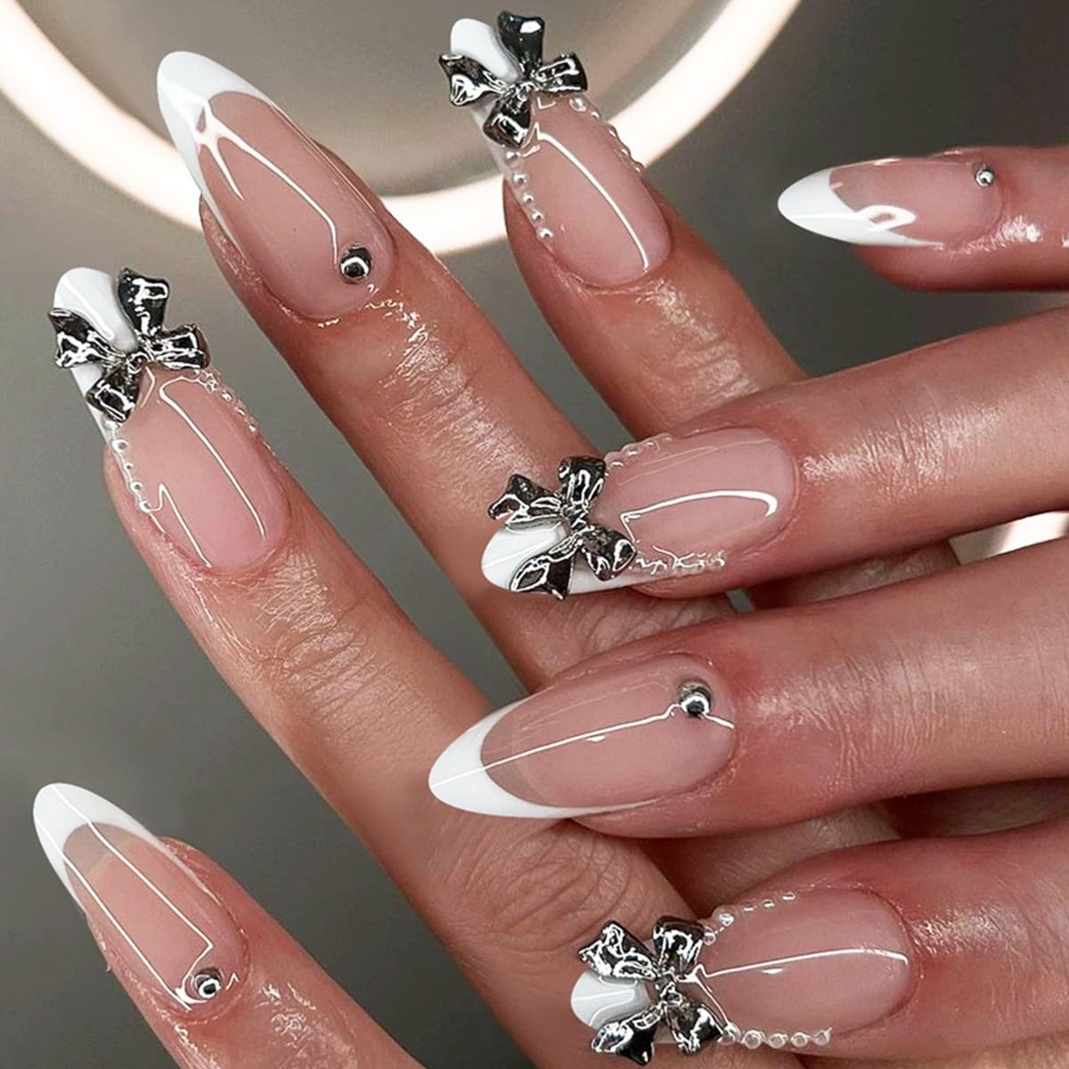 Almond Press on Nails Medium - Fall Fake Nails with Gold Line Design - White Full Cover Stick on False Nails - for Women 24 Pcs