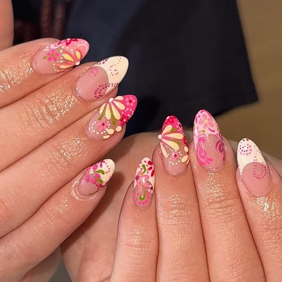 24Pcs Handmade Press on Almond Nails Nude Pink White Gold Flower Fake Nails Pearl False Nails Elegant Summer Nails Glue on Luxurious for Girl Women Stick on Nails Bridal Wedding Formal Events Life