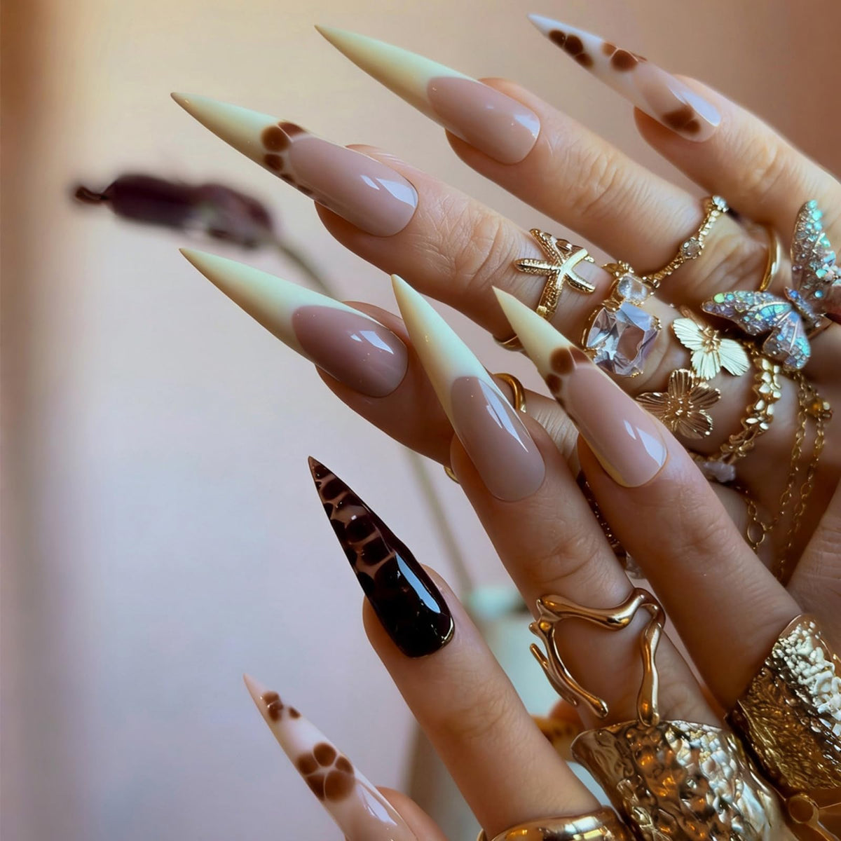 IMRAIN Long Press on Nails Stiletto Pink Fake Nails Rhinestone & Flower Designs Glossy Glue on Acrylic Nails Full Cover Luxury Bling Handmade Stick on False Nails for Women 24Pcs