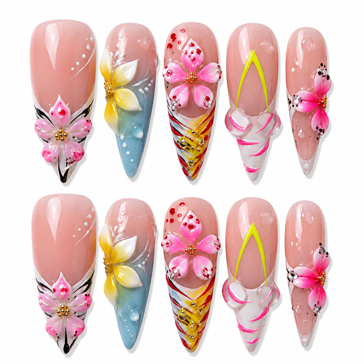 Handmade Press on Nails Long Stiletto - Liquid Gold Abstract Acrylic Fake Nails with Blue Shimmer & Colorful Gems, Luxury Reusable False Nails 10 pcs (Size M)