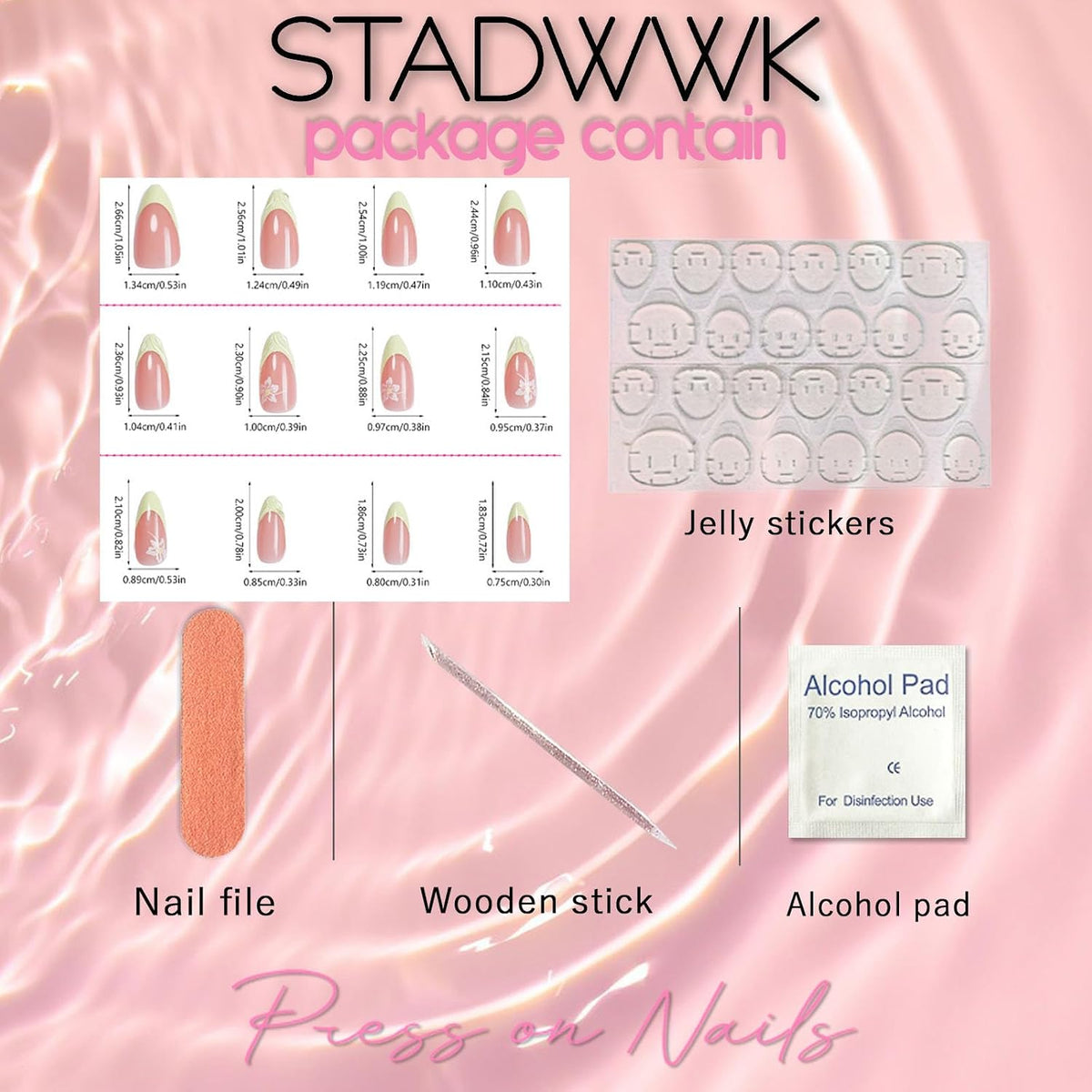 Spring Press on Nails Almond Medium Fake Nails with White Flower Designs French Tip Nails Press ons Light Green False Nails Glossy Glue on Nails Acrylic Nails Nude Stick on Nails for Women 24Pcs