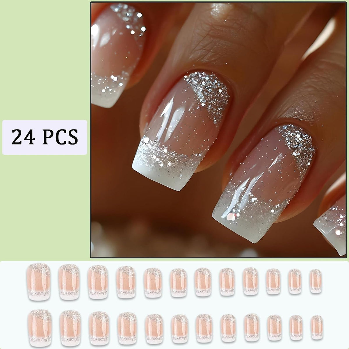 24Pcs White French Tip Press on Nails Square Medium Length Fake Nails White Ombre with Silver Glitter Designs Natural Glossy Artificial Acrylic Glue on Nails for Women Manicure Decoration
