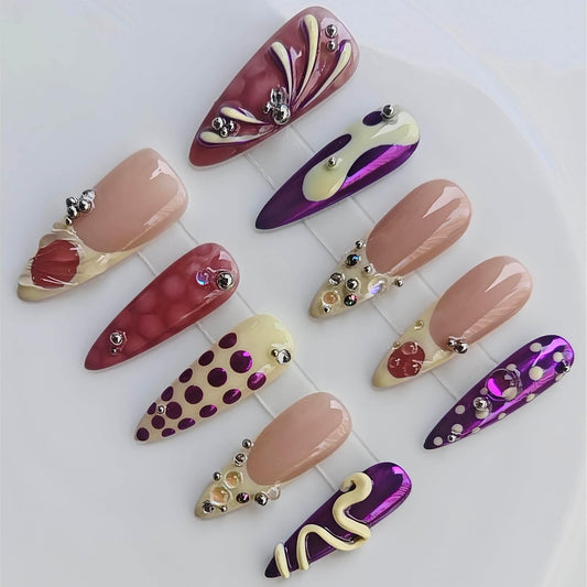 Handmade Press on Acrylic Nails, Almond Long Press Ons with Purple & Nude 3D Swirl Design, Rhinestone & Polka Dot Accents, Stiletto Glue on False Nails Y2K M Size -Gleamrain Design 801