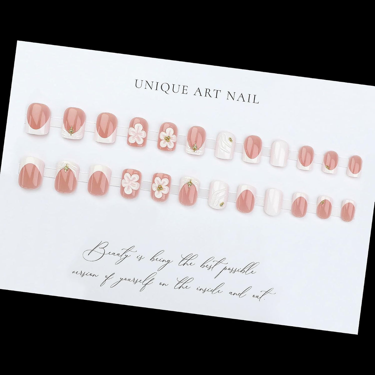 Short Square Press on Nails French Tip | Acrylic White Flower False Nails with Gold Rhinestones Design, Glossy Press Ons Stick on Glue on Nails for Women 24Pcs
