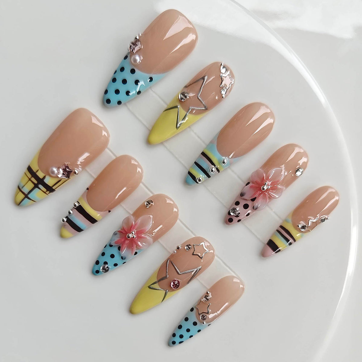 Handmade Press on Acrylic Nails, Almond Long Press Ons with Purple & Nude 3D Swirl Design, Rhinestone & Polka Dot Accents, Stiletto Glue on False Nails Y2K M Size -Gleamrain Design 801